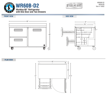 Hoshizaki WR60B-D2 official worktop front, side and plan dimension views; 40-inch overall height on 6-inch casters