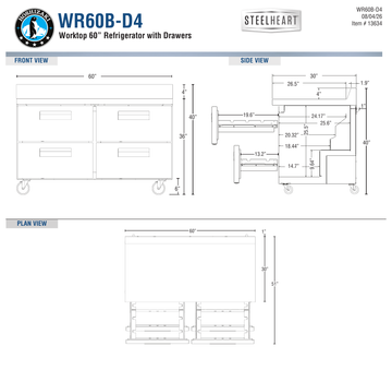 Hoshizaki WR60B-D4 official worktop front, side and plan dimension views; 40-inch overall height on 6-inch casters
