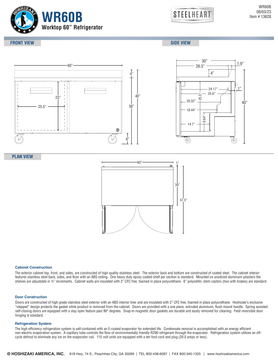 Hoshizaki WR60B official worktop front, side and plan views; 36-inch work surface and 40-inch overall height with 6-inch casters