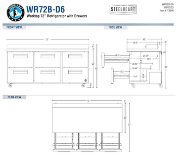 Hoshizaki WR72B-D6 official worktop front, side and plan dimension views; 40-inch overall height on 6-inch casters