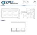 Hoshizaki WR72B-D6 official worktop front, side and plan dimension views; 40-inch overall height on 6-inch casters