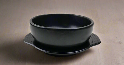 Black Korean Ceramic Bibimbap Donabe Bowl with Underplate, 7"