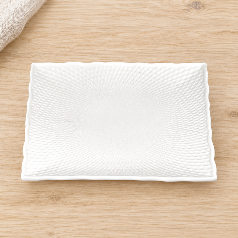 7¼″ White Porcelain Square Plate — Textured Surface — Coordinate Across Sizes