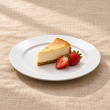 10.5-inch white ceramic ridged-rim round plate with a small slice of cheesecake and two strawberries
