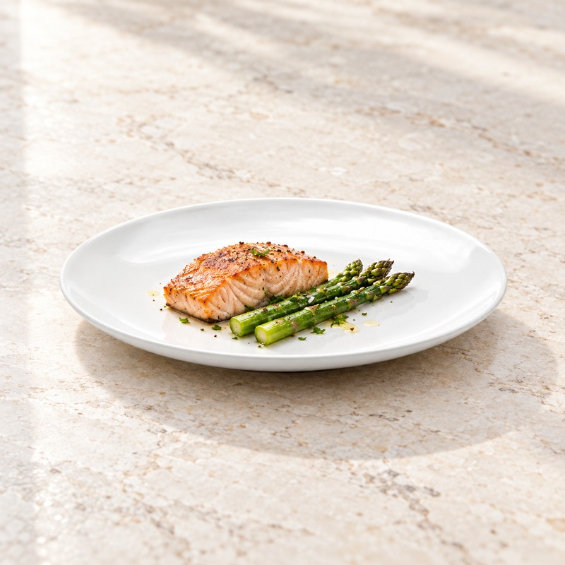 10½″ White Ceramic Round Plate — A Composed Main Course
