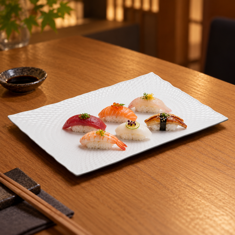 16″ × 11″ White Rectangular Serving Plate — Textured — Space for a Shared Presentation
