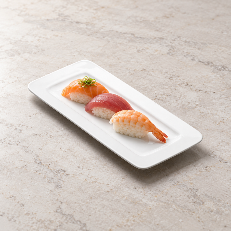 10″ × 4¼″ White Ceramic Rimmed Rectangular Plate — Sushi in a Simple Row