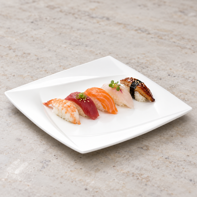 12″ White Porcelain Swept-Rim Square Plate — Small Bites Across the Center