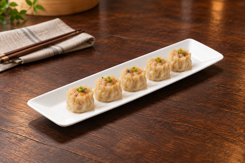 White narrow rectangular plate with dumplings