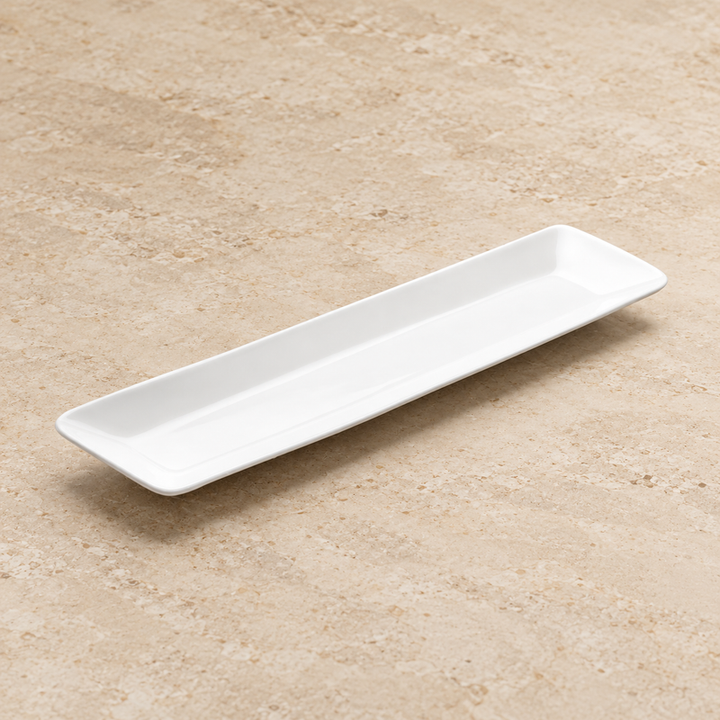 14¼″ × 3¼″ White Ceramic Narrow Rectangular Plate showing its shape and rim