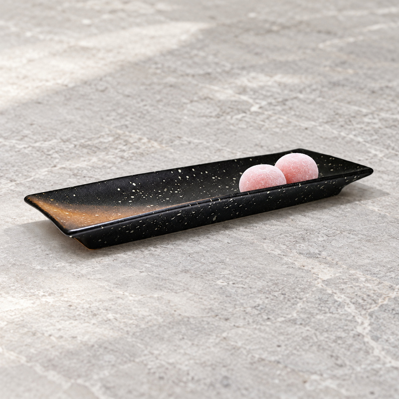 A0399-BR long black and rust ceramic plate with pink mochi