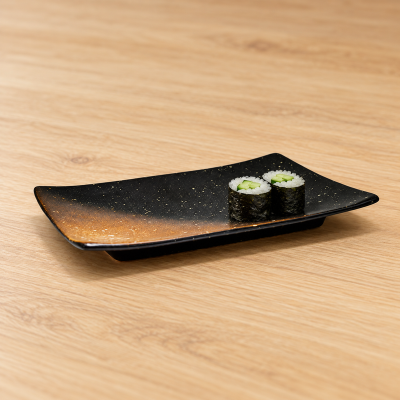 A0404-BR black and rust rectangular ceramic plate with sushi