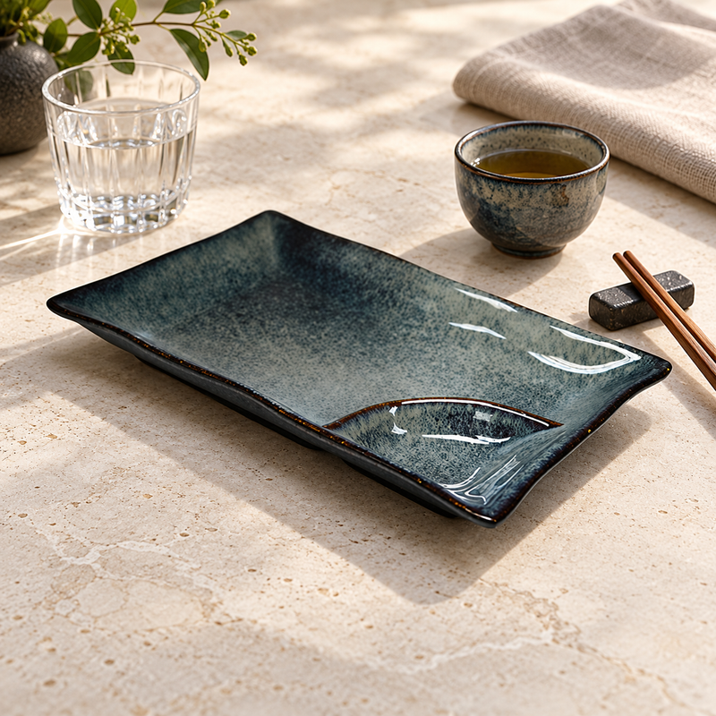 Obsidian divided rectangular plate set beside tea, water and wooden chopsticks