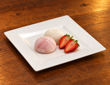 A0921 white square ceramic plate with mochi and strawberries.