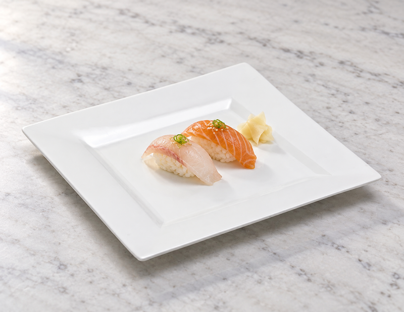 A0921 white square ceramic plate with two compact nigiri with ginger.