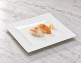 A0921 white square ceramic plate with two compact nigiri with ginger.