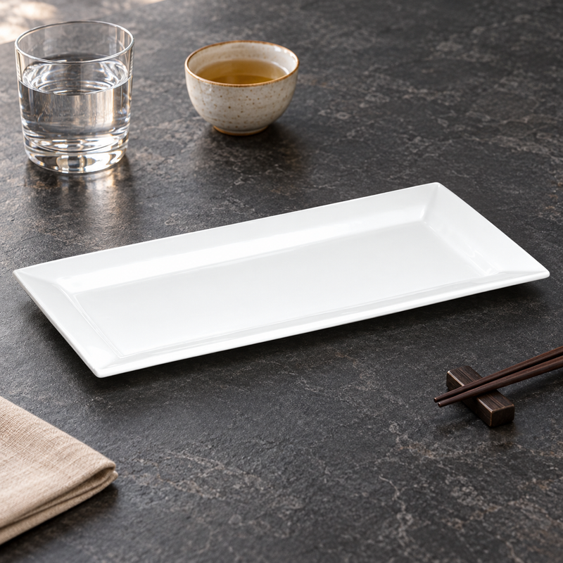 Long white rectangular platter beside tea, water and wooden chopsticks on dark stone