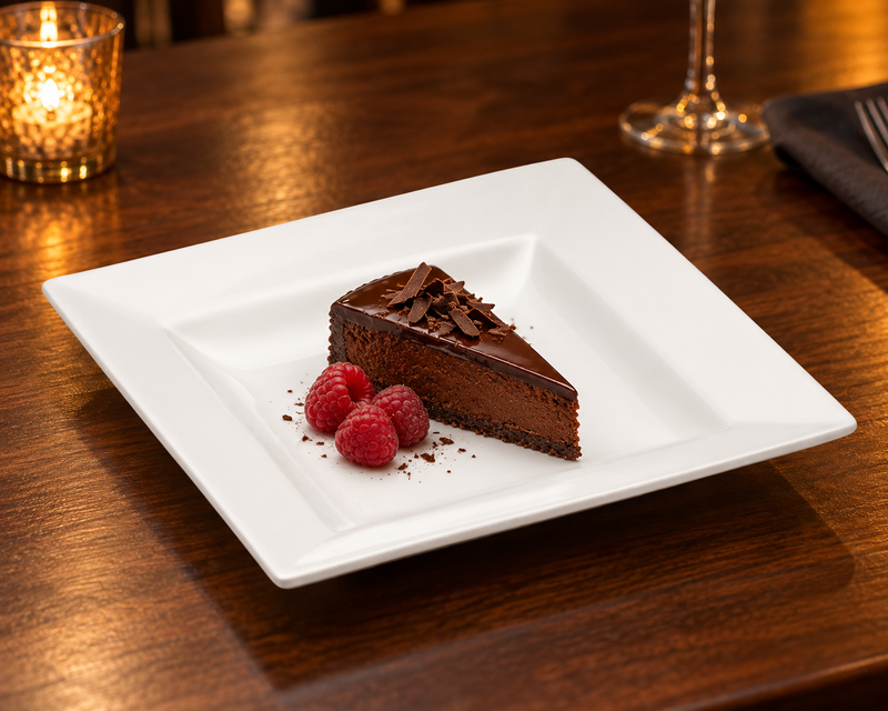 A1008 white square ceramic plate with chocolate cake and raspberries.