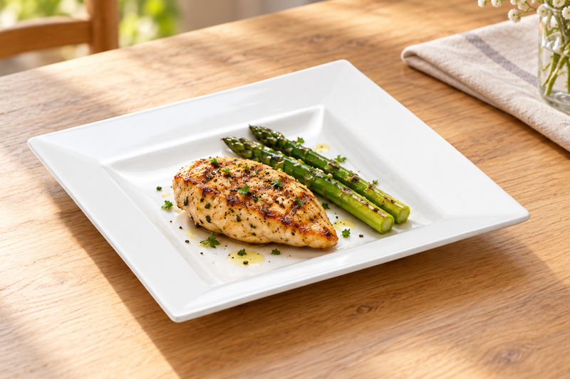 A1008 white square ceramic plate with grilled chicken and asparagus.