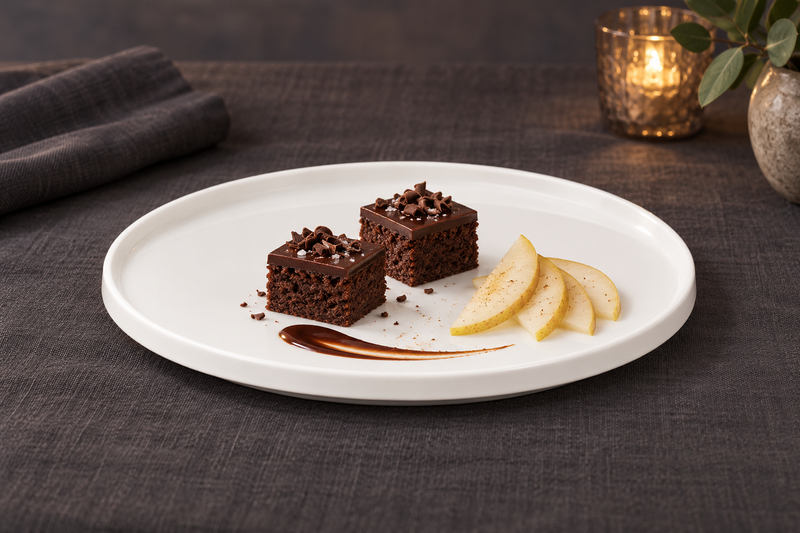 A21523 white round plate with small chocolate cakes and pear slices