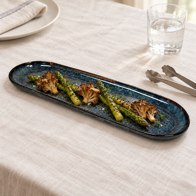 A24839-OB elongated Obsidian platter with asparagus and roasted mushrooms on linen