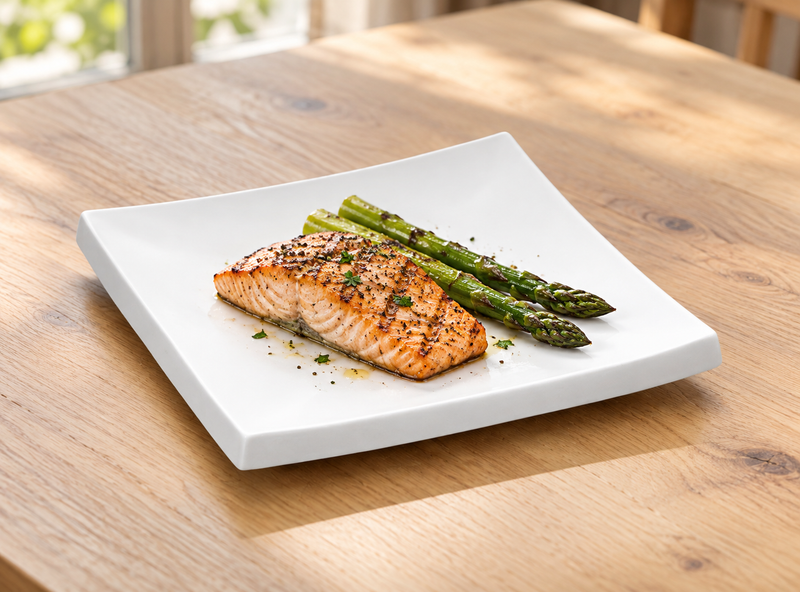 A2593 white square ceramic plate with grilled salmon and asparagus.
