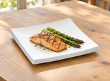 A2593 white square ceramic plate with grilled salmon and asparagus.