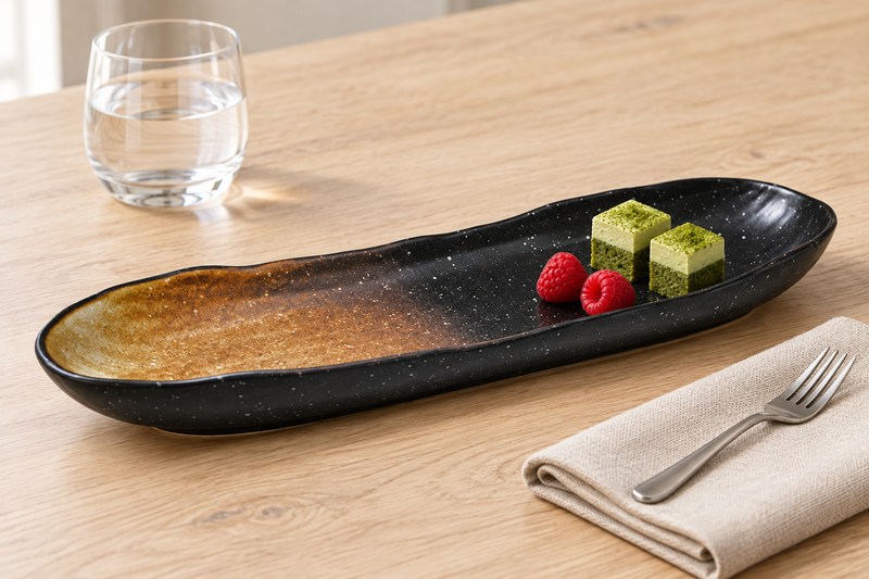 A27179-BR brown-speckled bar plate with two small matcha cake bites and raspberries