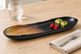 A27179-BR brown-speckled bar plate with two small matcha cake bites and raspberries