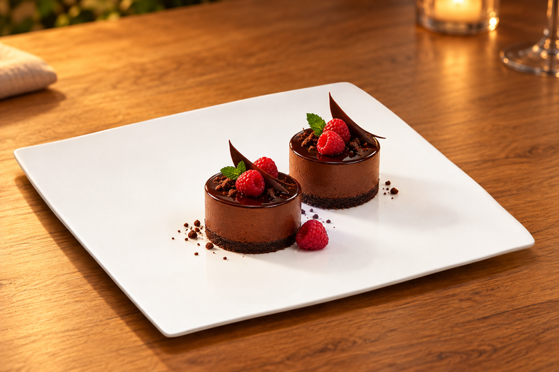 A2837 white flat square plate with two chocolate mousse desserts.