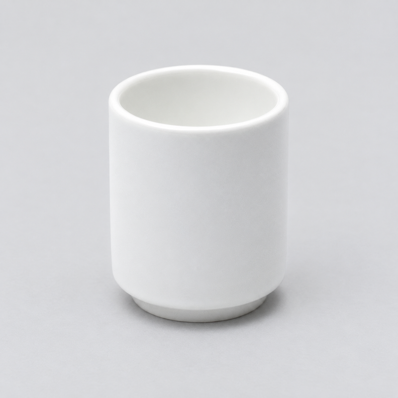Elevated alternate view of the cylindrical white A3912 sake cup and round opening