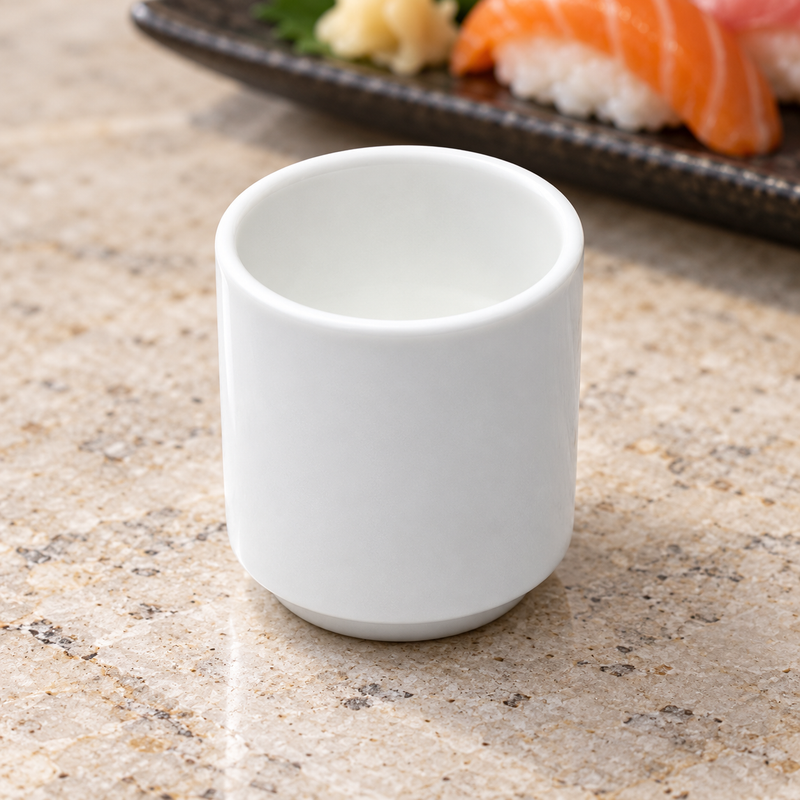 White A3912 sake cup arranged on a stone dining surface