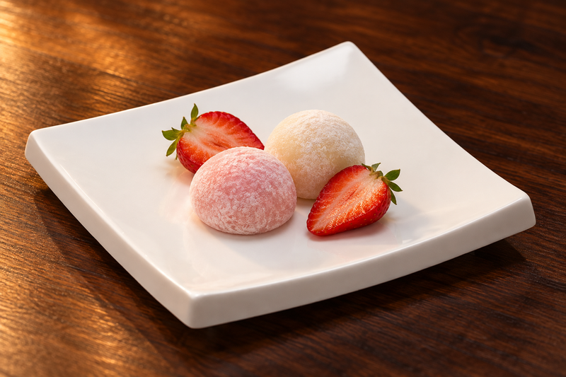 A5741 white square ceramic plate with mochi and strawberries.