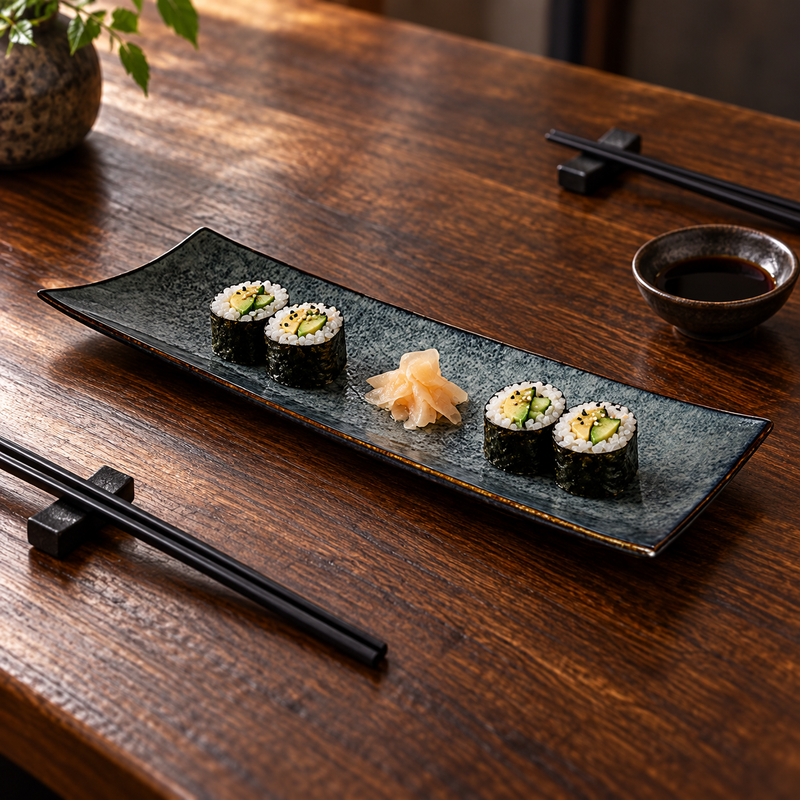 A6666-OB rectangular Obsidian platter with four small maki and ginger in a shared table setting