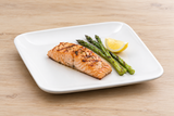 A670-01 white soft-corner square plate with grilled salmon, asparagus and lemon