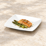 10″ White Ceramic Curved-Square Plate — savory serving