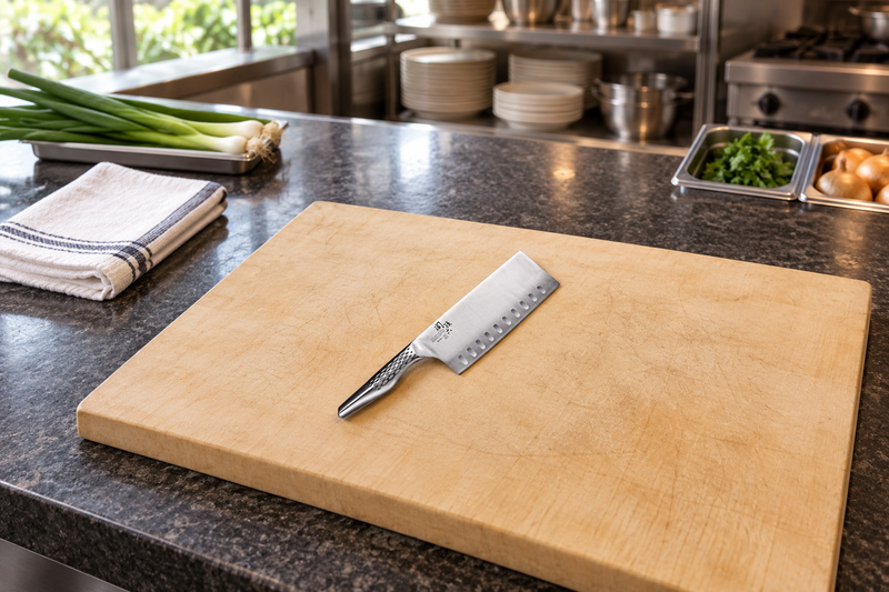 KAI AB5165 Chinese chef’s knife on a restaurant preparation board
