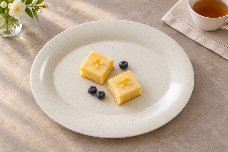 Beige San Marino oval melamine platter with two small lemon cakes and blueberries beside a tea cup.