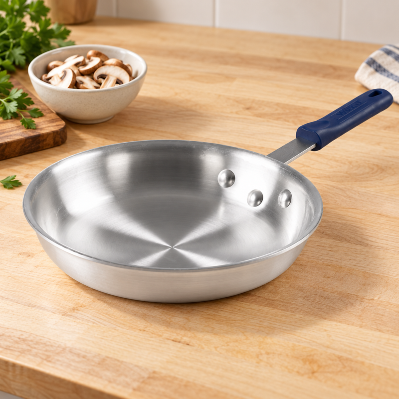 12" Natural-Finish 3003 Aluminum Frying Pan with Silicone Handle — 3003 aluminum construction