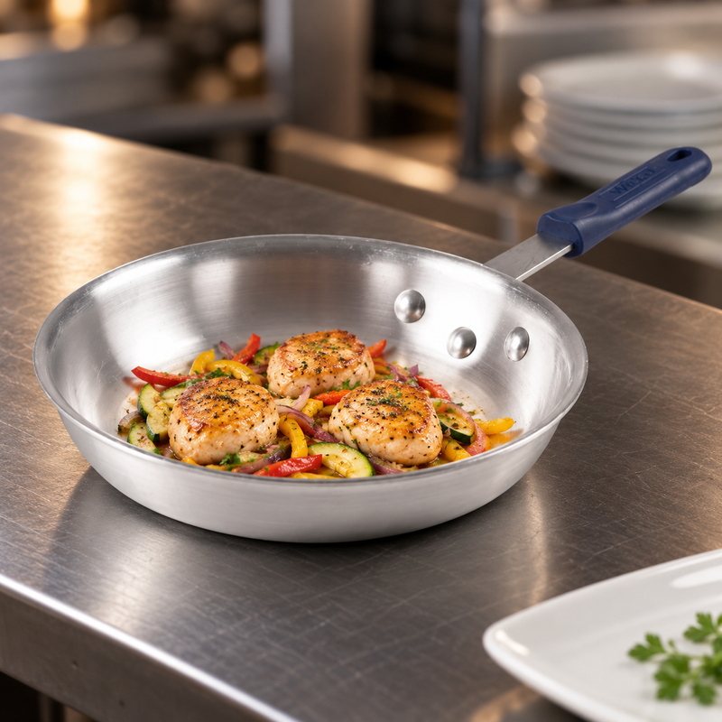 14" Natural-Finish 3003 Aluminum Fry Pan with Silicone Handle — Natural-finish commercial cookware