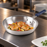 14" Natural-Finish 3003 Aluminum Fry Pan with Silicone Handle with a finished food preparation