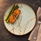 Q210-BP Aqua Blossom dinner plate with salmon and asparagus