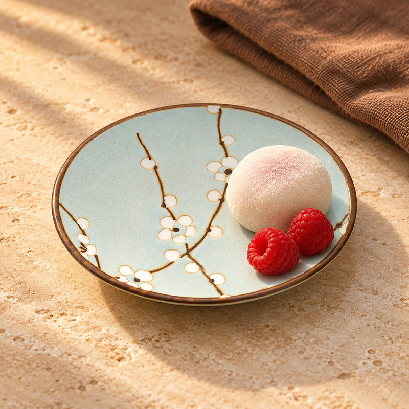 Q25-BP Aqua Blossom side plate with mochi and raspberries