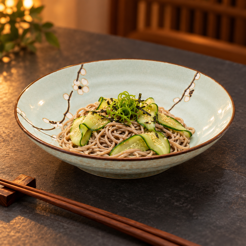 Q29-BP Aqua Blossom deep plate with soba and cucumber