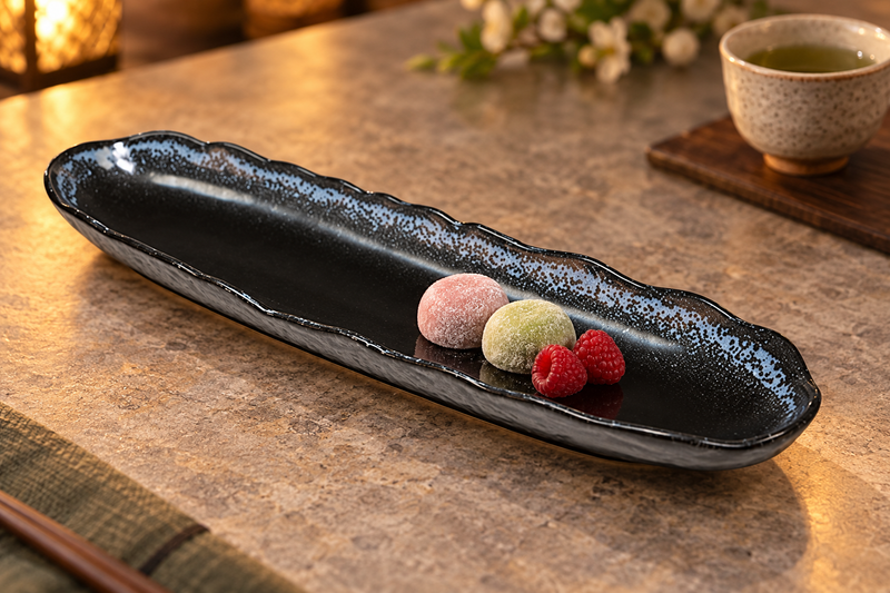 AS213-BK black ceramic scalloped platter with two petite mochi and raspberries, serving suggestion