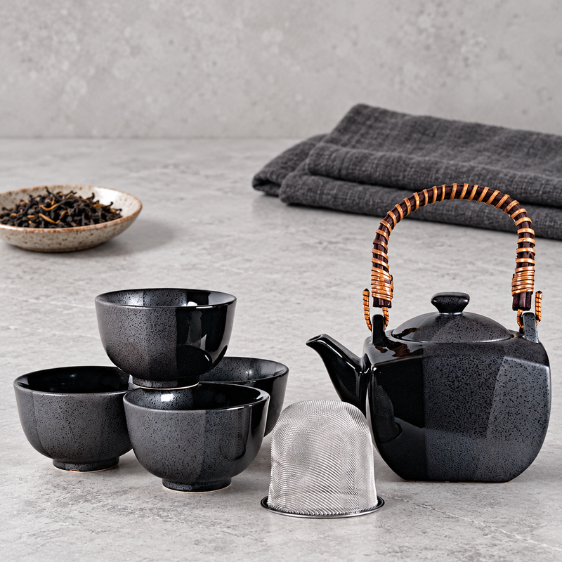 BD64-KI tea set with the separate mesh basket shown beside the pot, on a preparation counter