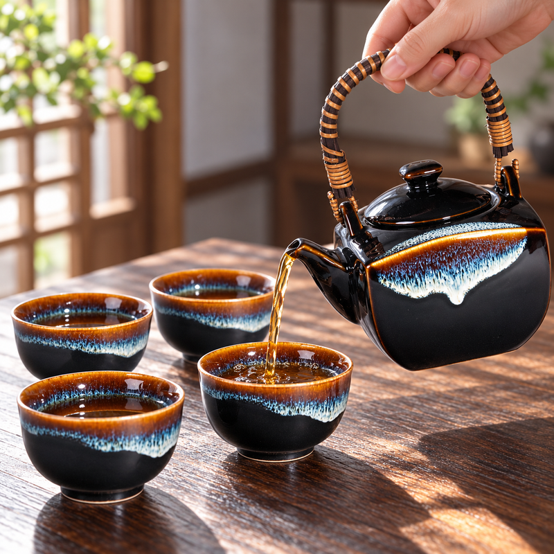 Wrapped-handle black, amber and blue-white teapot pouring tea beside four matching cups