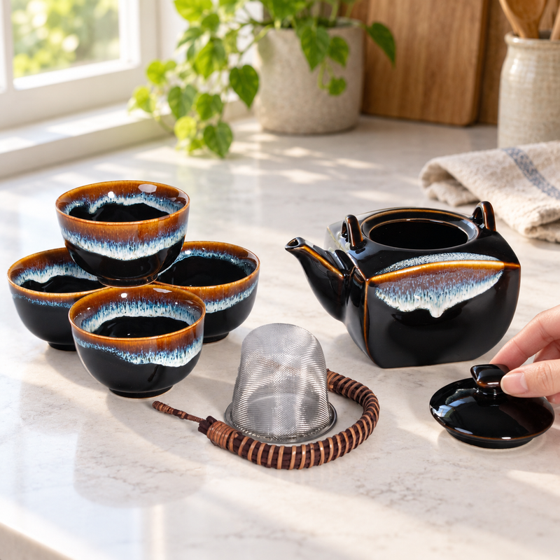 Open glazed teapot, four cups, mesh infuser, wrapped handle and lid during preparation