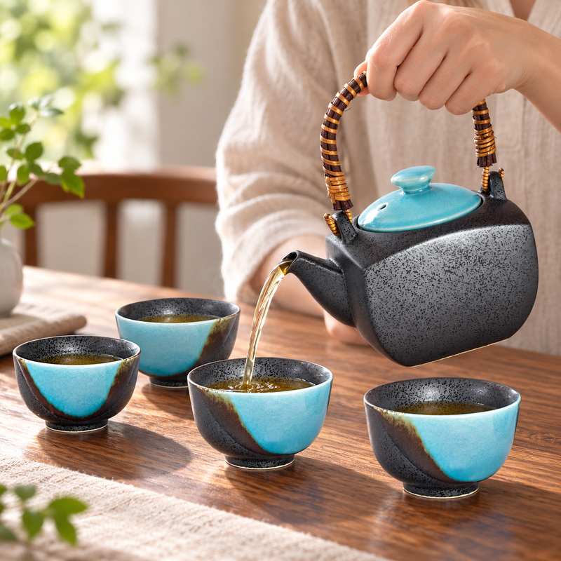 BD64-TK charcoal and turquoise teapot pouring tea with four matching cups