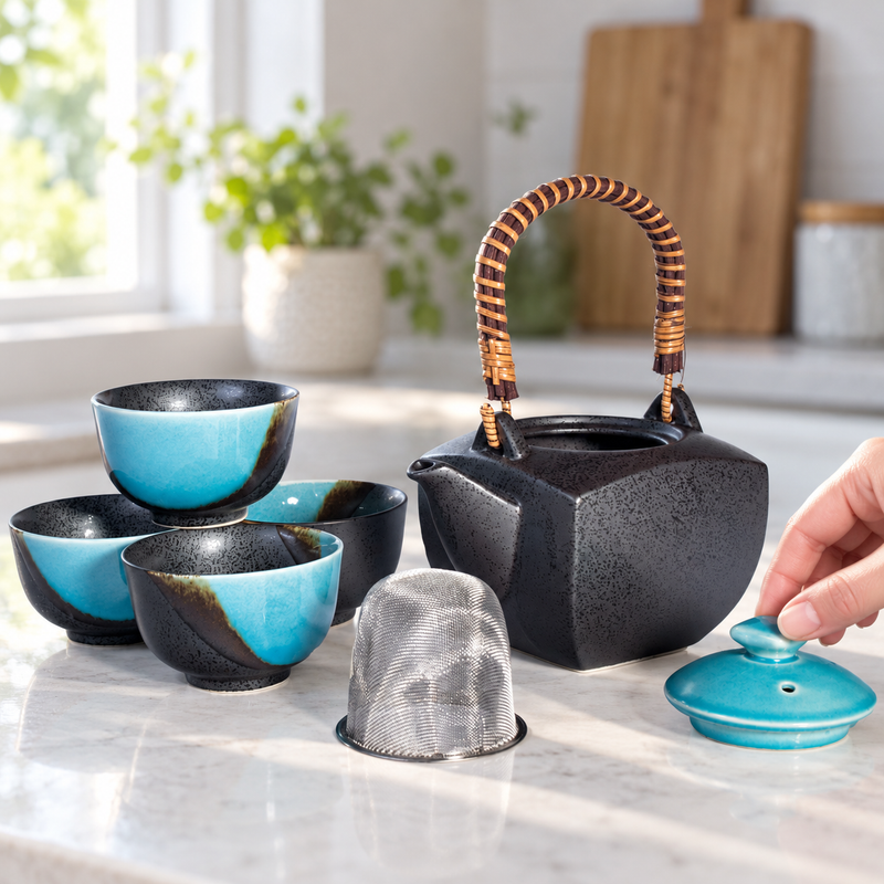 BD64-TK teapot and four cups with turquoise lid and mesh infuser during preparation